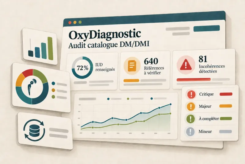 Illustration d’un rapport OxyDiagnostic : indicateurs clés (taux d’IUD renseignés, références à vérifier, incohérences détectées), évolution de la qualité du catalogue et anomalies classées par criticité (critique, majeur, à compléter, mineur).